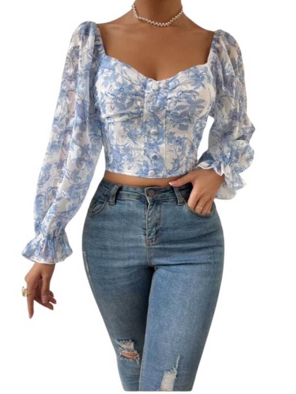 Loness Chiffon Floral Brocade Crop Blouse Top